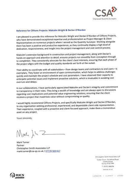Cliftons Project Reference CSA 13th November 2024